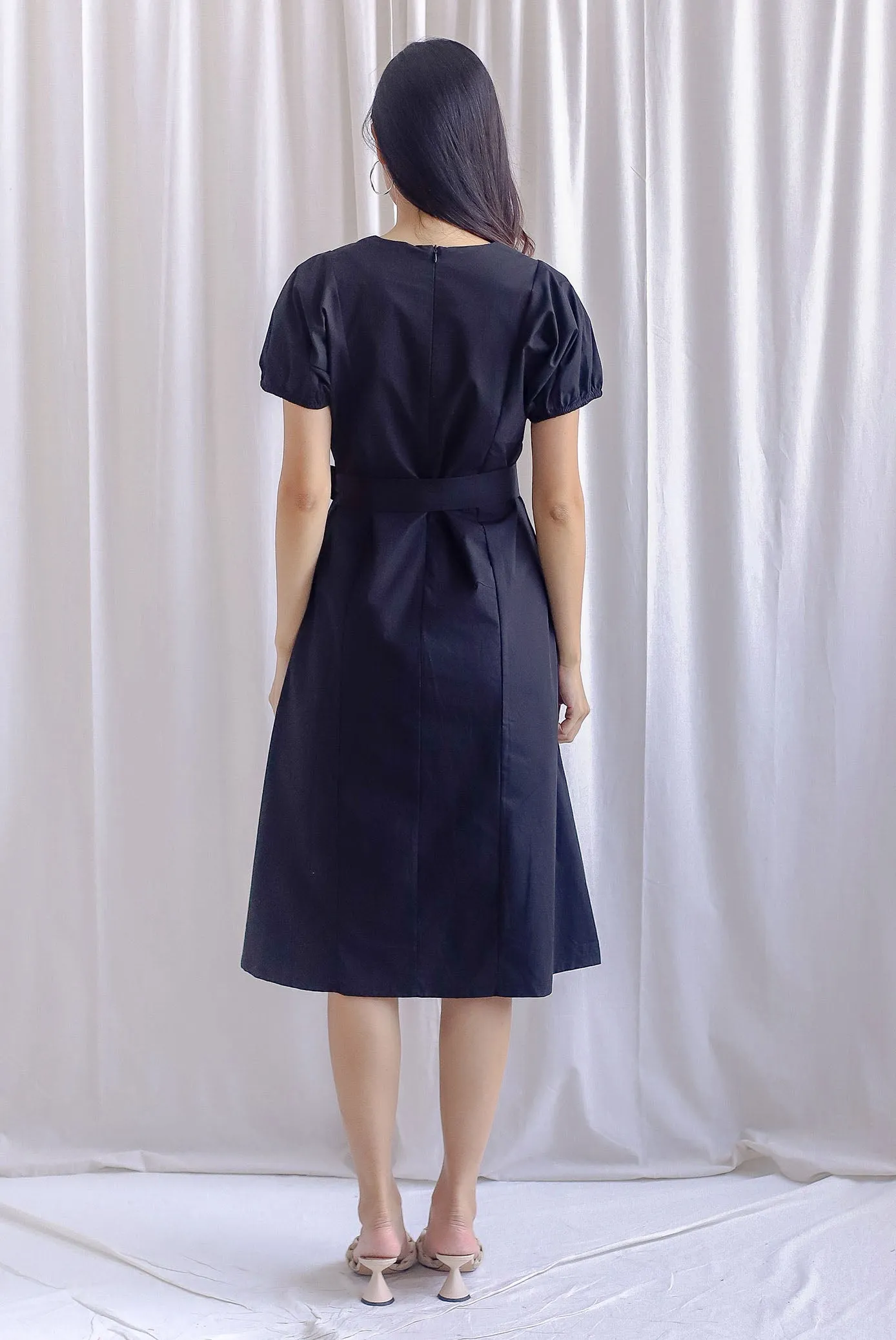 TDC Faye Puff-sleeve Sashed Dress In Black