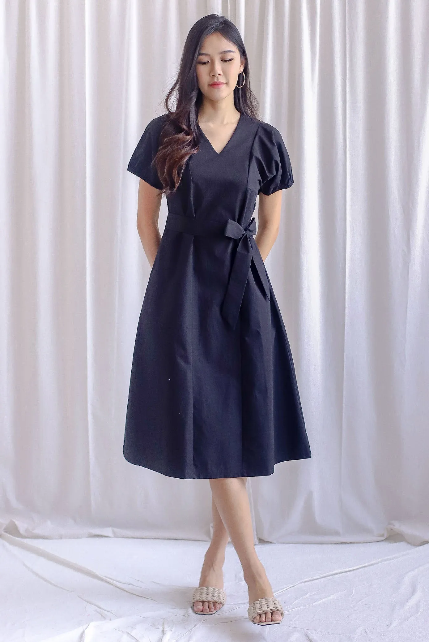 TDC Faye Puff-sleeve Sashed Dress In Black