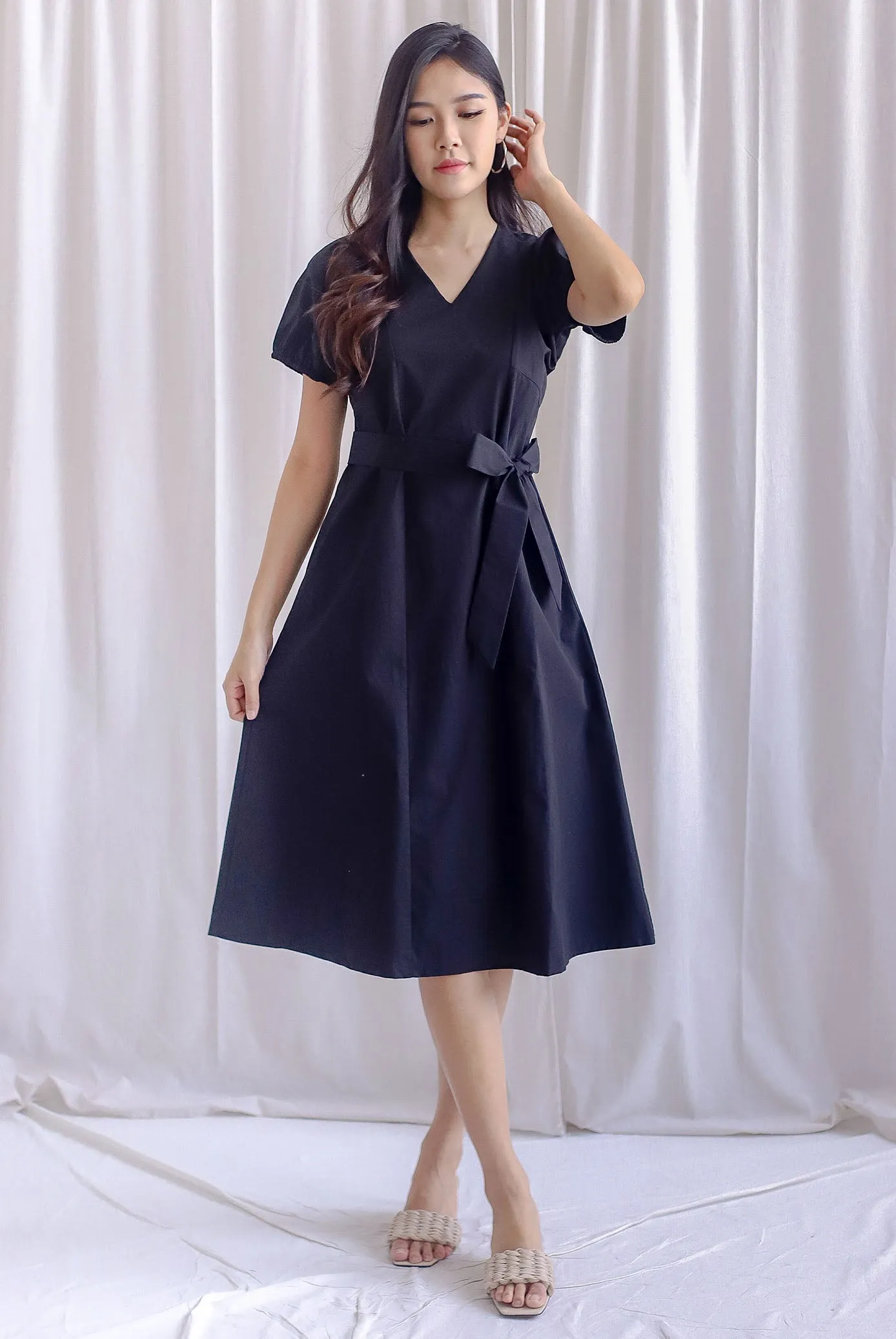 TDC Faye Puff-sleeve Sashed Dress In Black