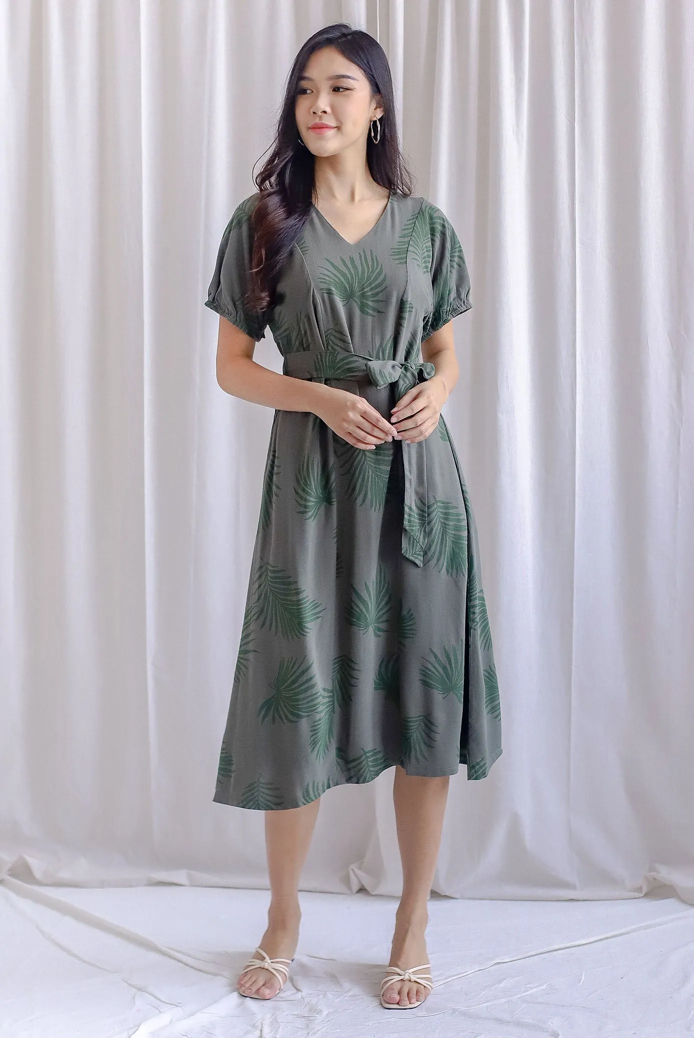 TDC Faye Puff-sleeve Sashed Dress In Olive Leafy
