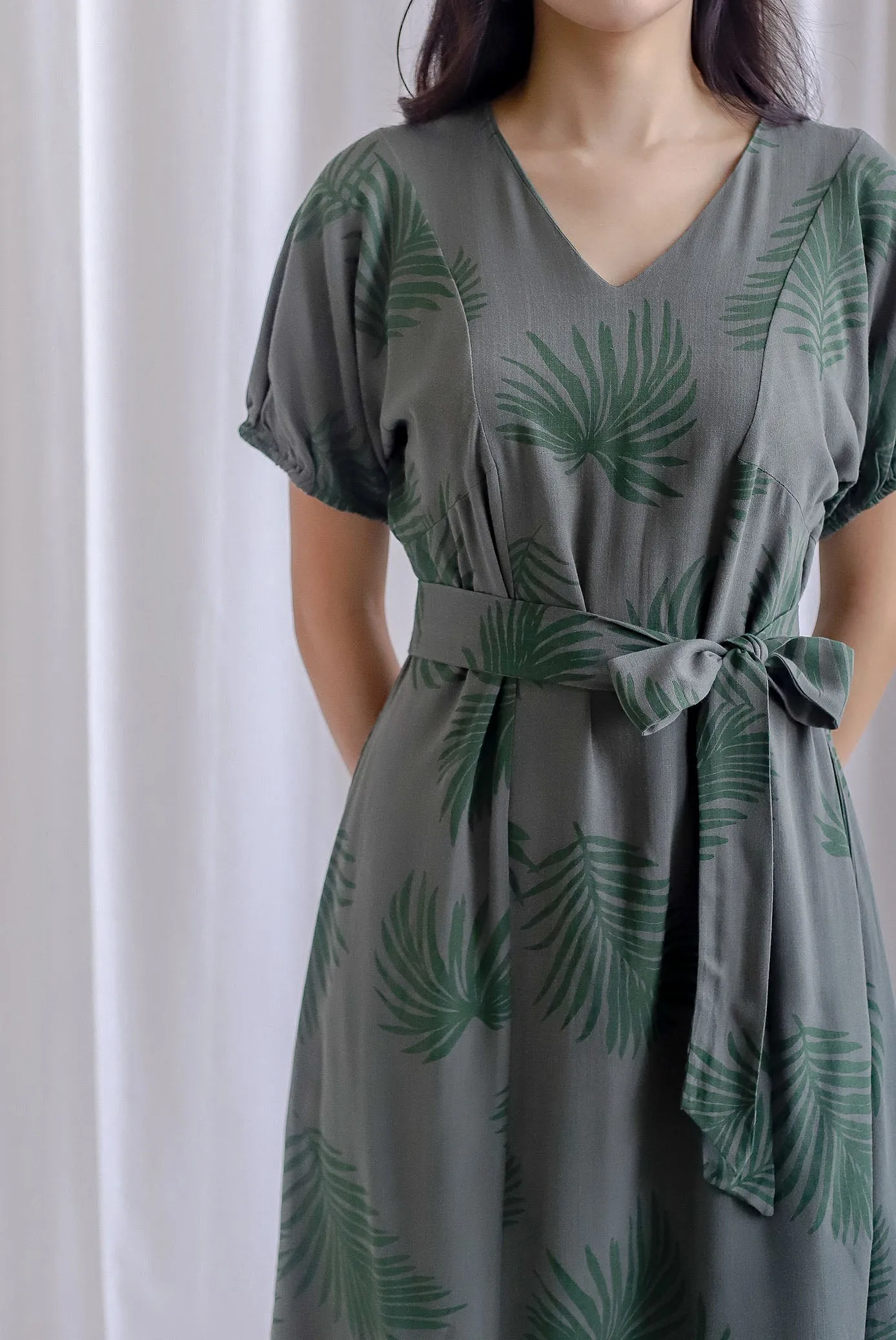 TDC Faye Puff-sleeve Sashed Dress In Olive Leafy