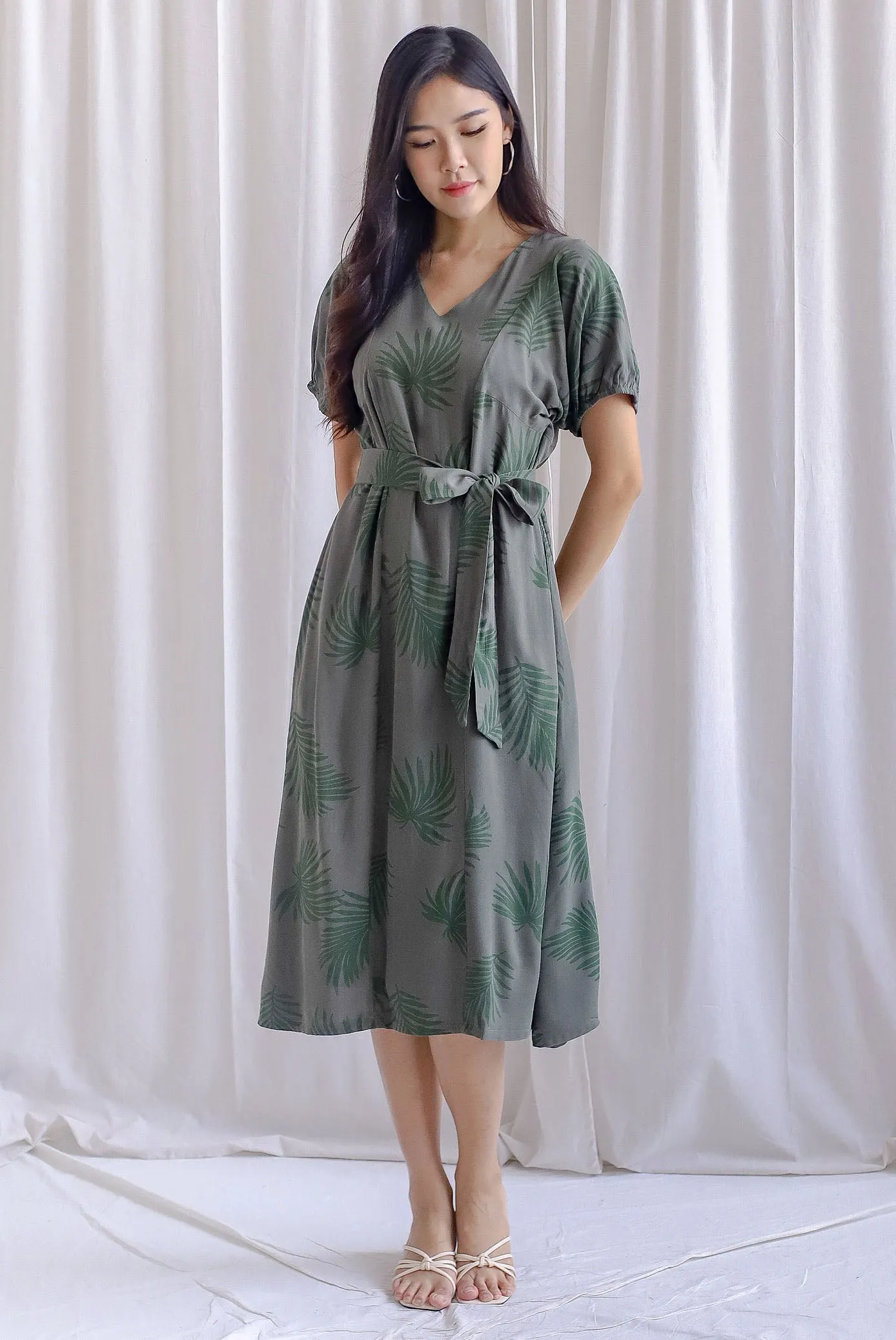 TDC Faye Puff-sleeve Sashed Dress In Olive Leafy