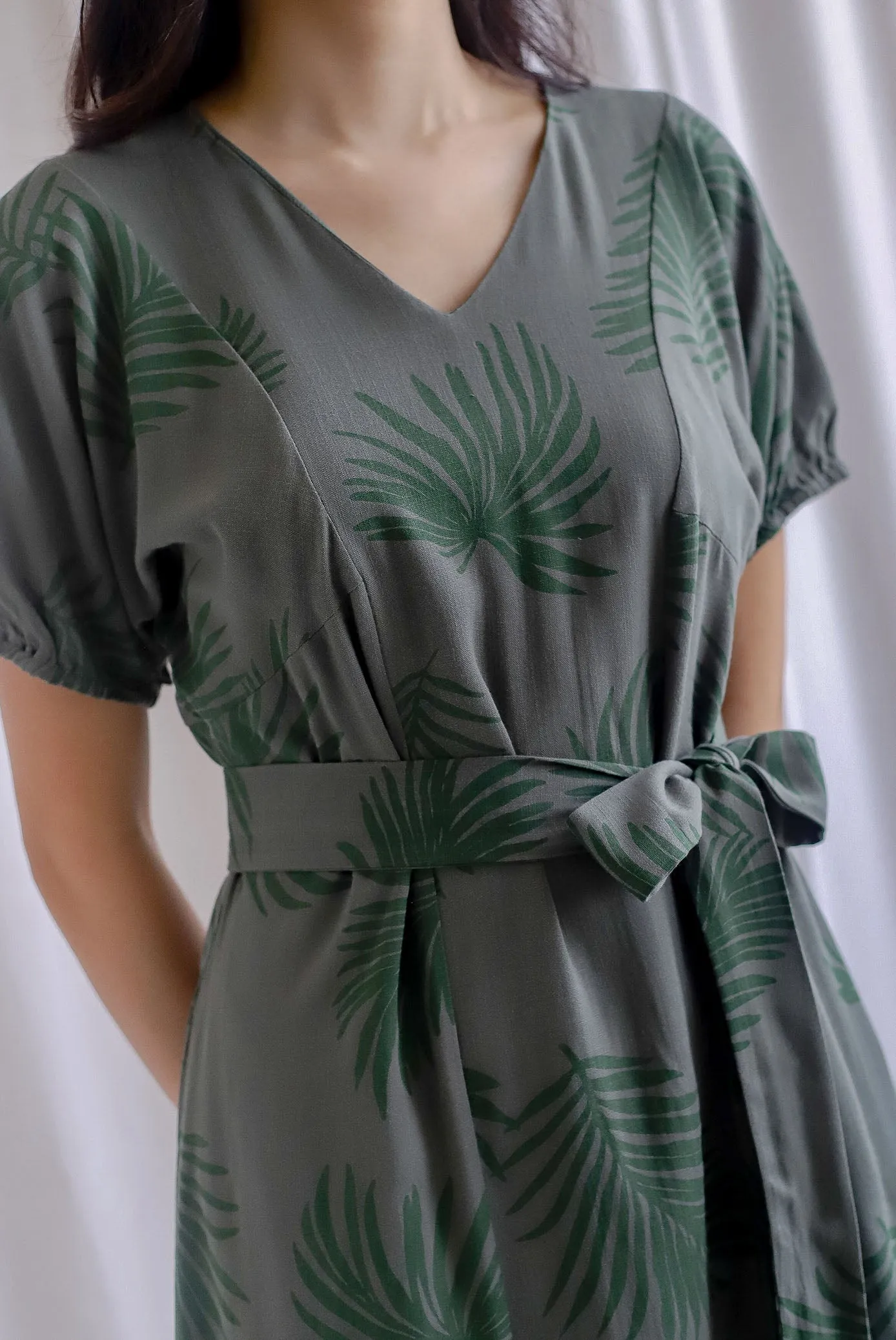 TDC Faye Puff-sleeve Sashed Dress In Olive Leafy