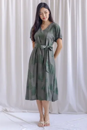 TDC Faye Puff-sleeve Sashed Dress In Olive Leafy