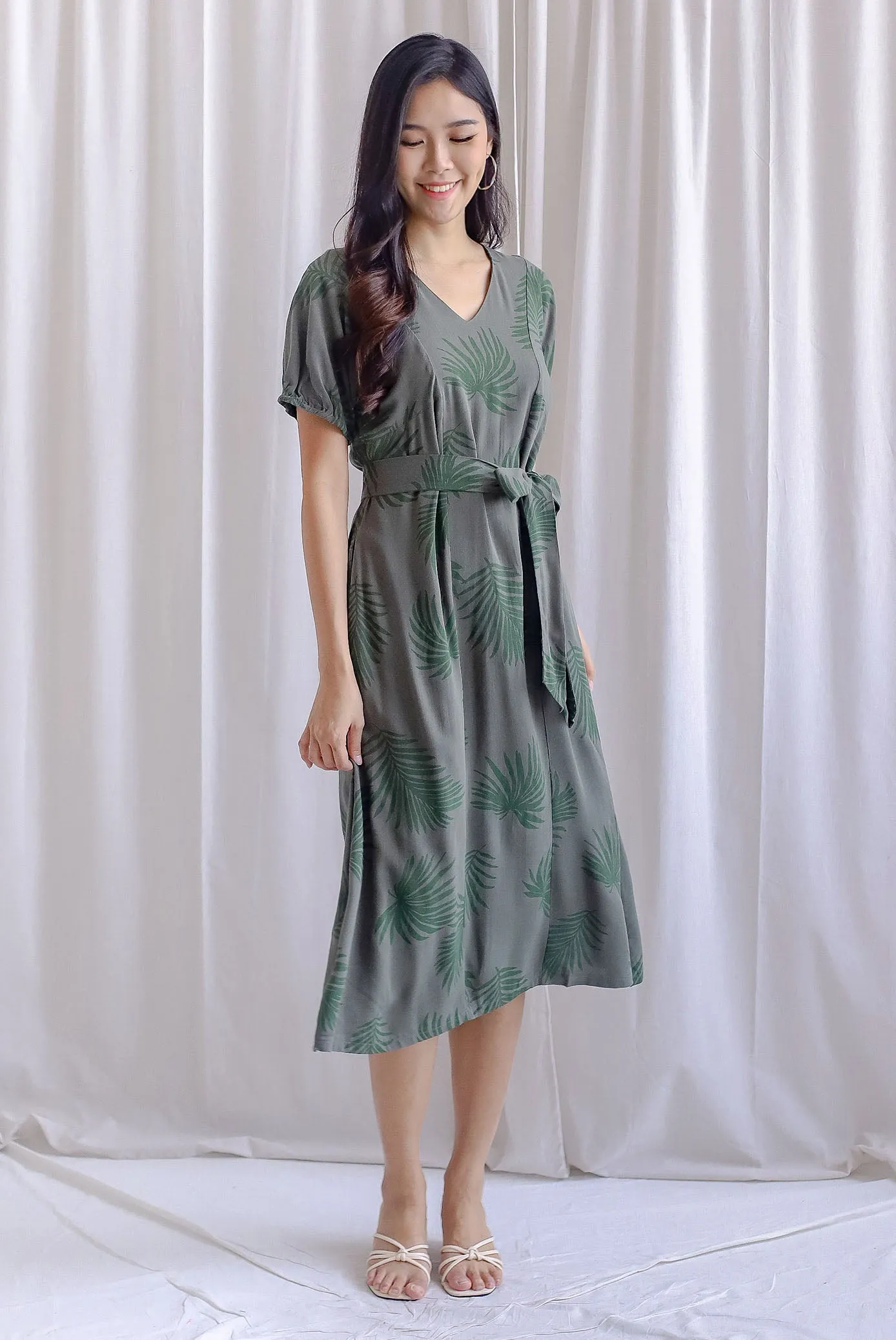 TDC Faye Puff-sleeve Sashed Dress In Olive Leafy