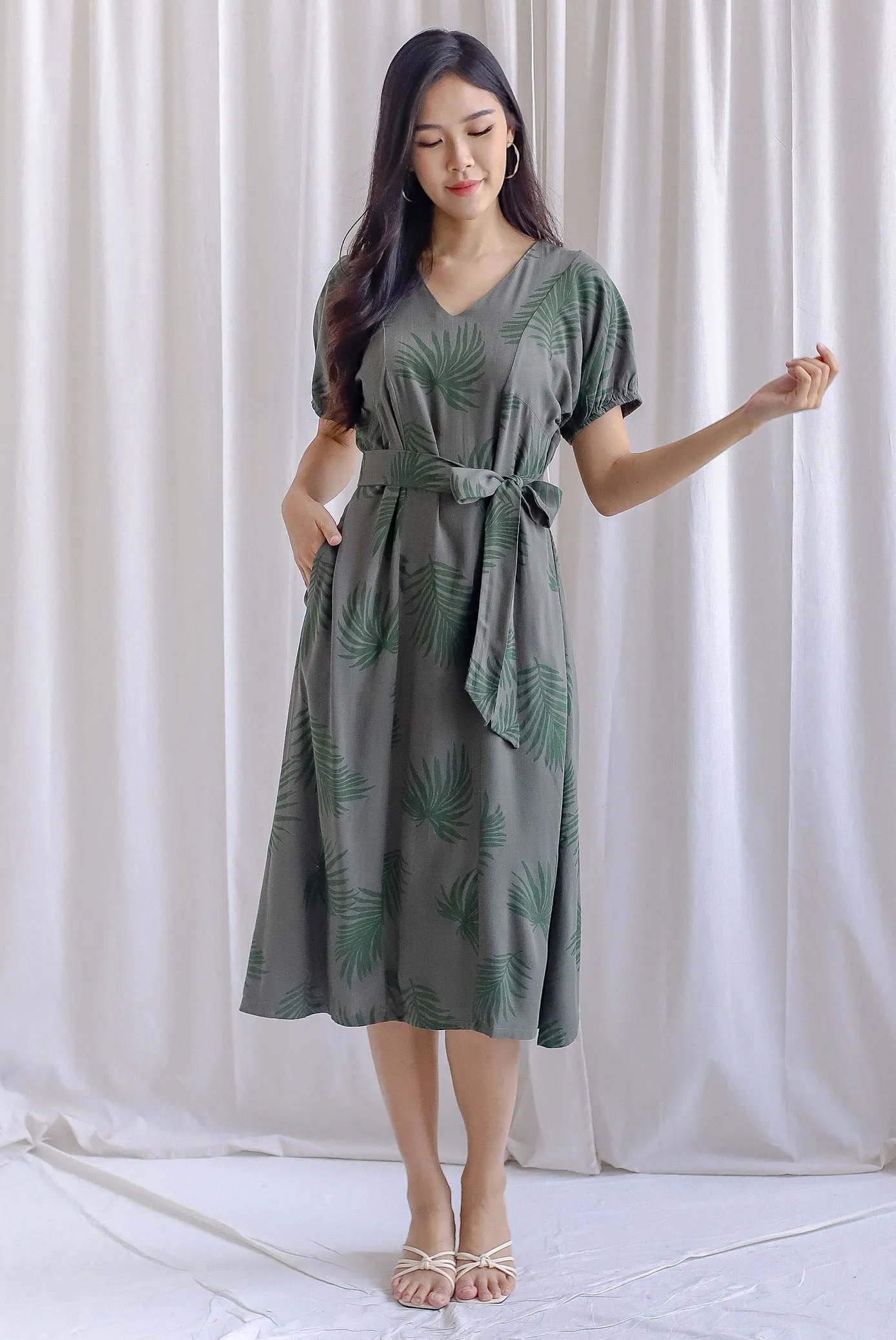 TDC Faye Puff-sleeve Sashed Dress In Olive Leafy