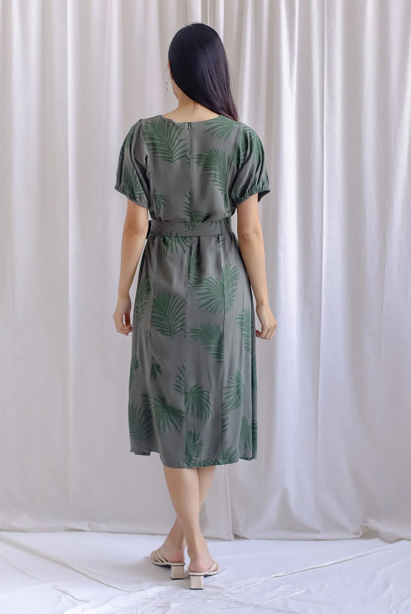 TDC Faye Puff-sleeve Sashed Dress In Olive Leafy