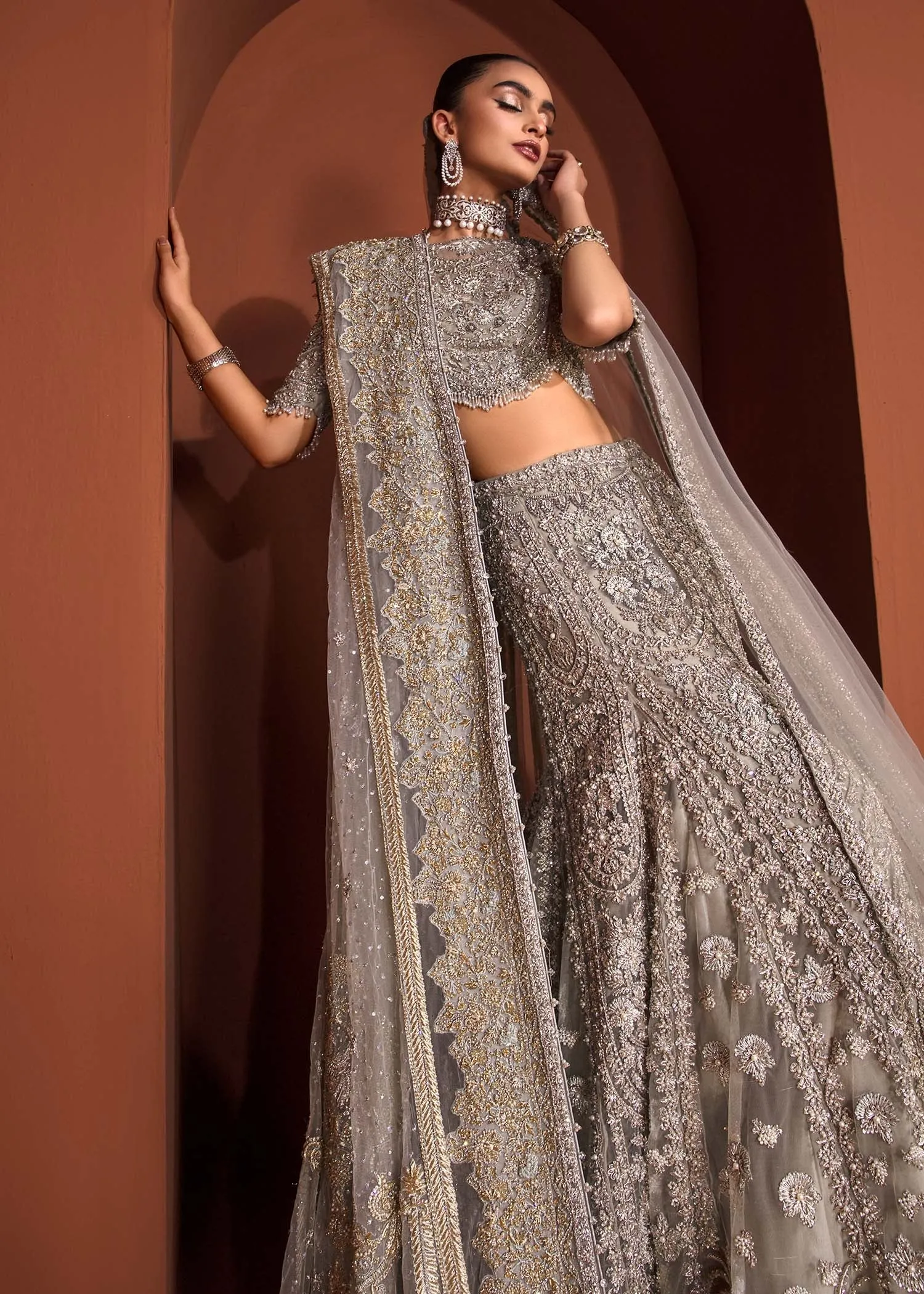 Teal Grey Lehenga Choli Dupatta Pakistani Bridal Dress