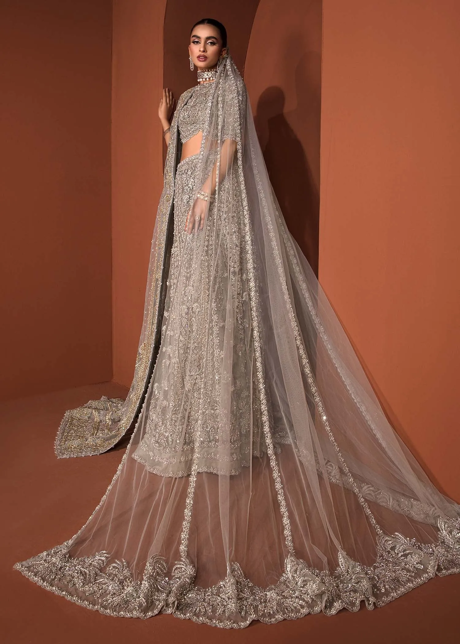 Teal Grey Lehenga Choli Dupatta Pakistani Bridal Dress
