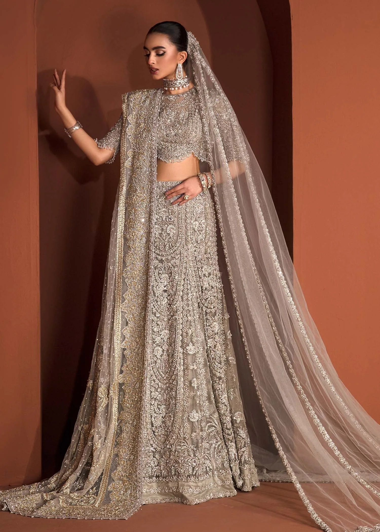 Teal Grey Lehenga Choli Dupatta Pakistani Bridal Dress