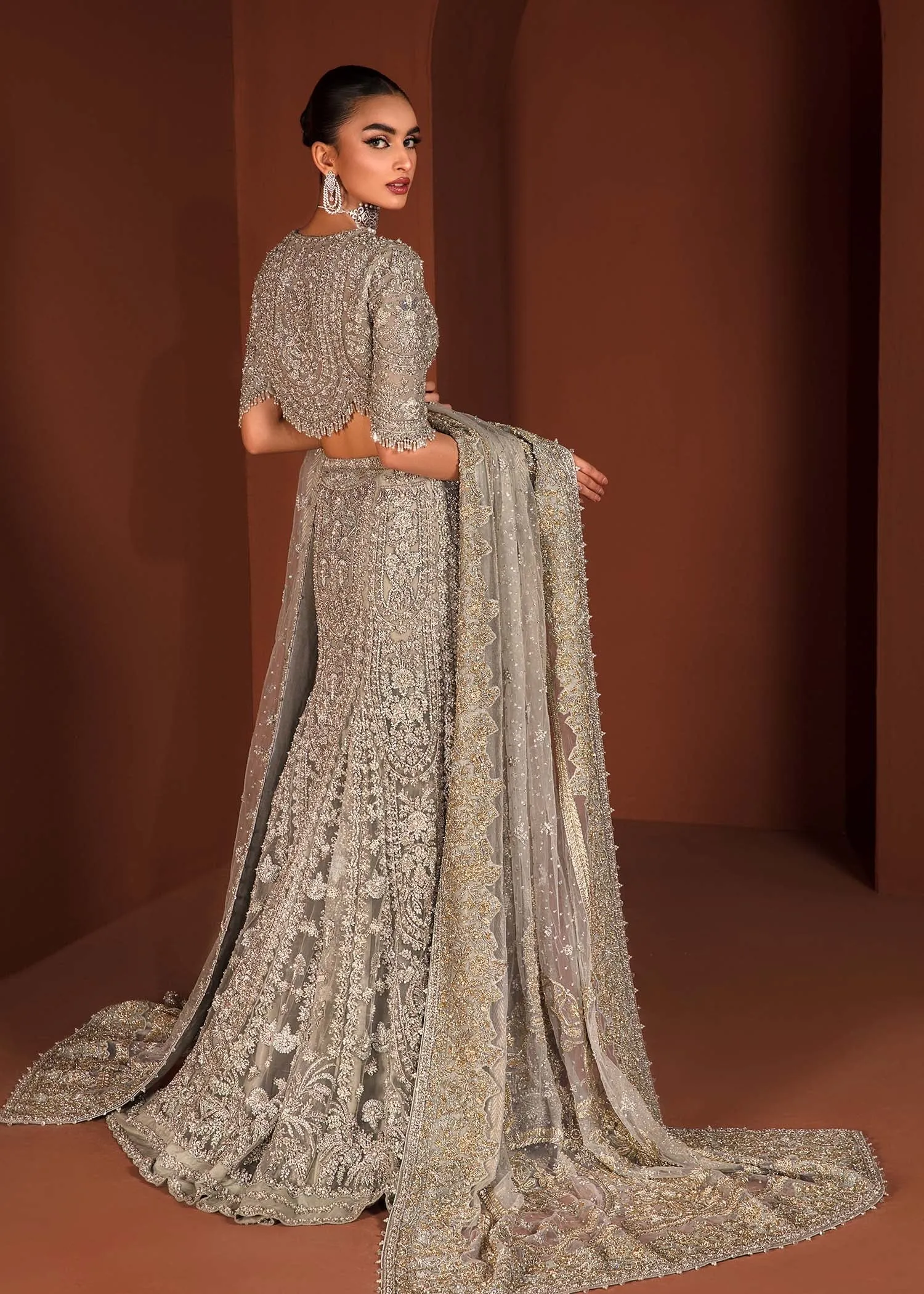 Teal Grey Lehenga Choli Dupatta Pakistani Bridal Dress