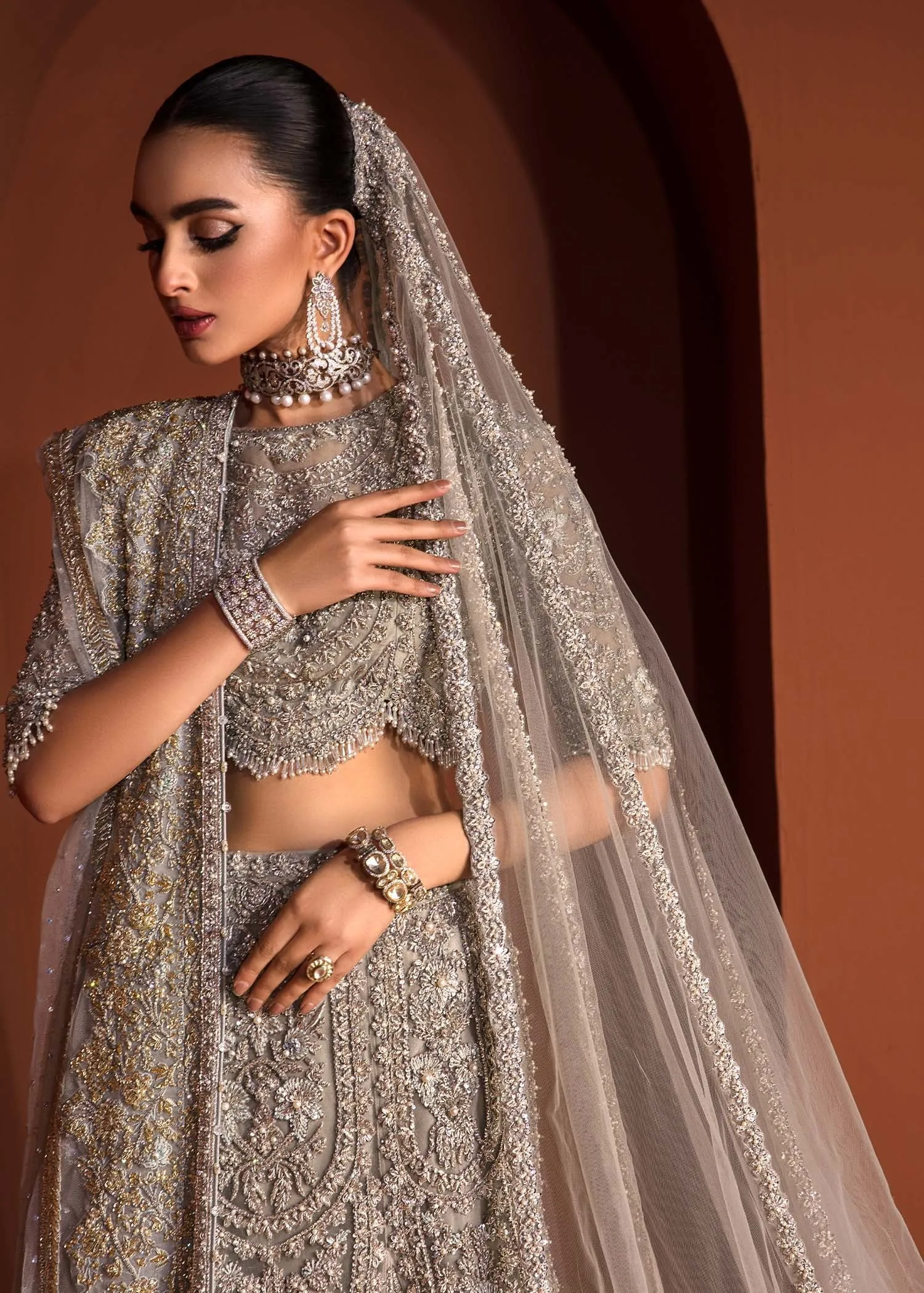 Teal Grey Lehenga Choli Dupatta Pakistani Bridal Dress