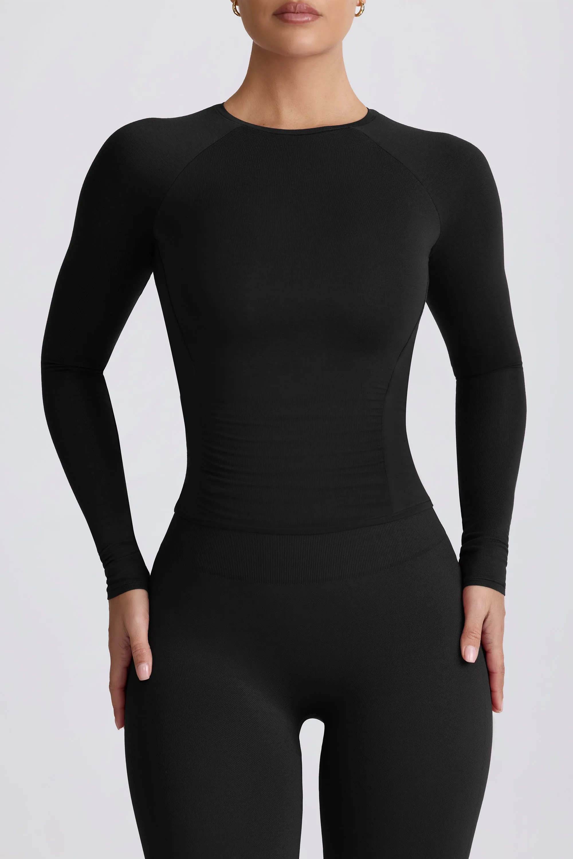 Tencel Modal Ruched Long-Sleeve Top in Black