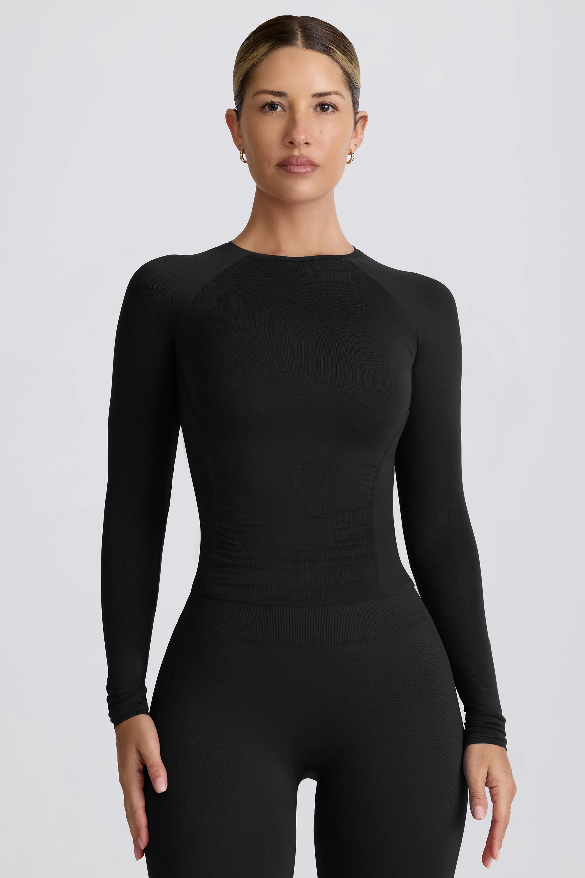 Tencel Modal Ruched Long-Sleeve Top in Black
