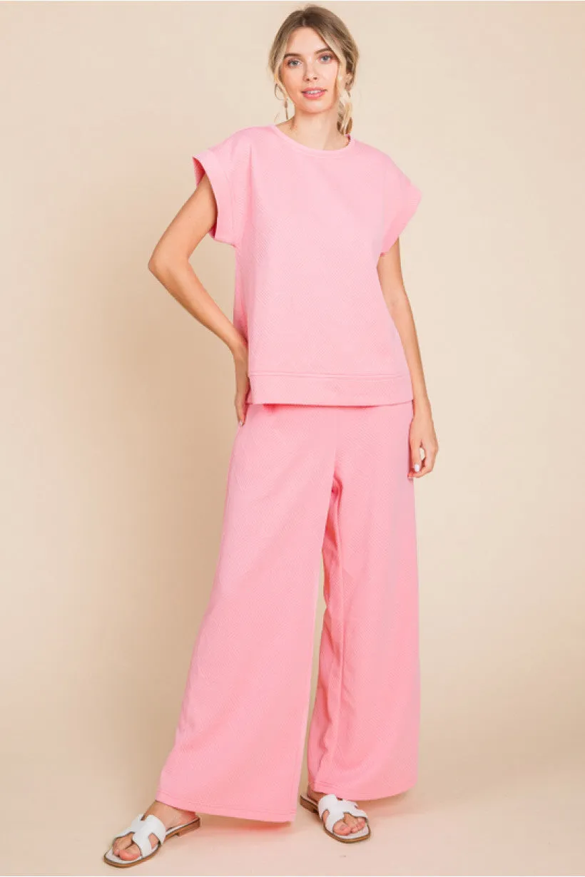 Textured Top W/U-Neck SHORT KIMONO SLEEVES BAND HEMS