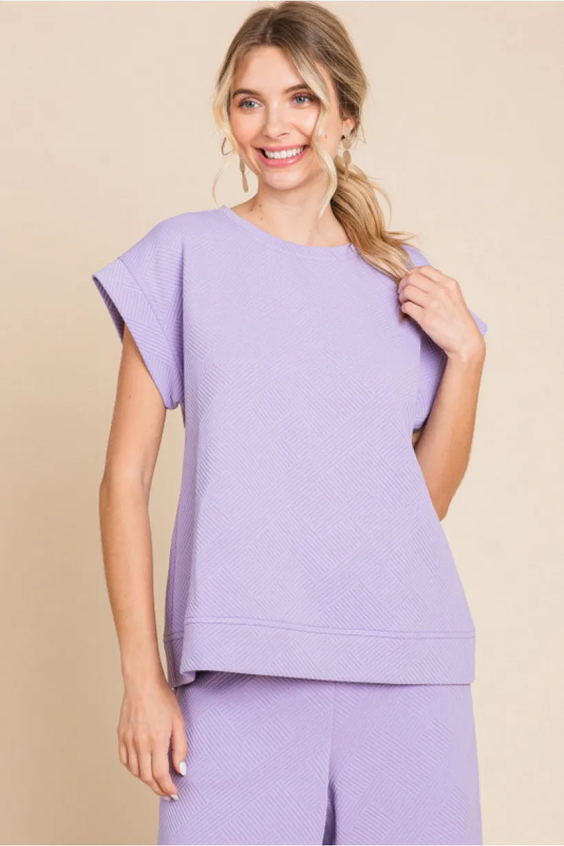 Textured Top W/U-Neck SHORT KIMONO SLEEVES BAND HEMS