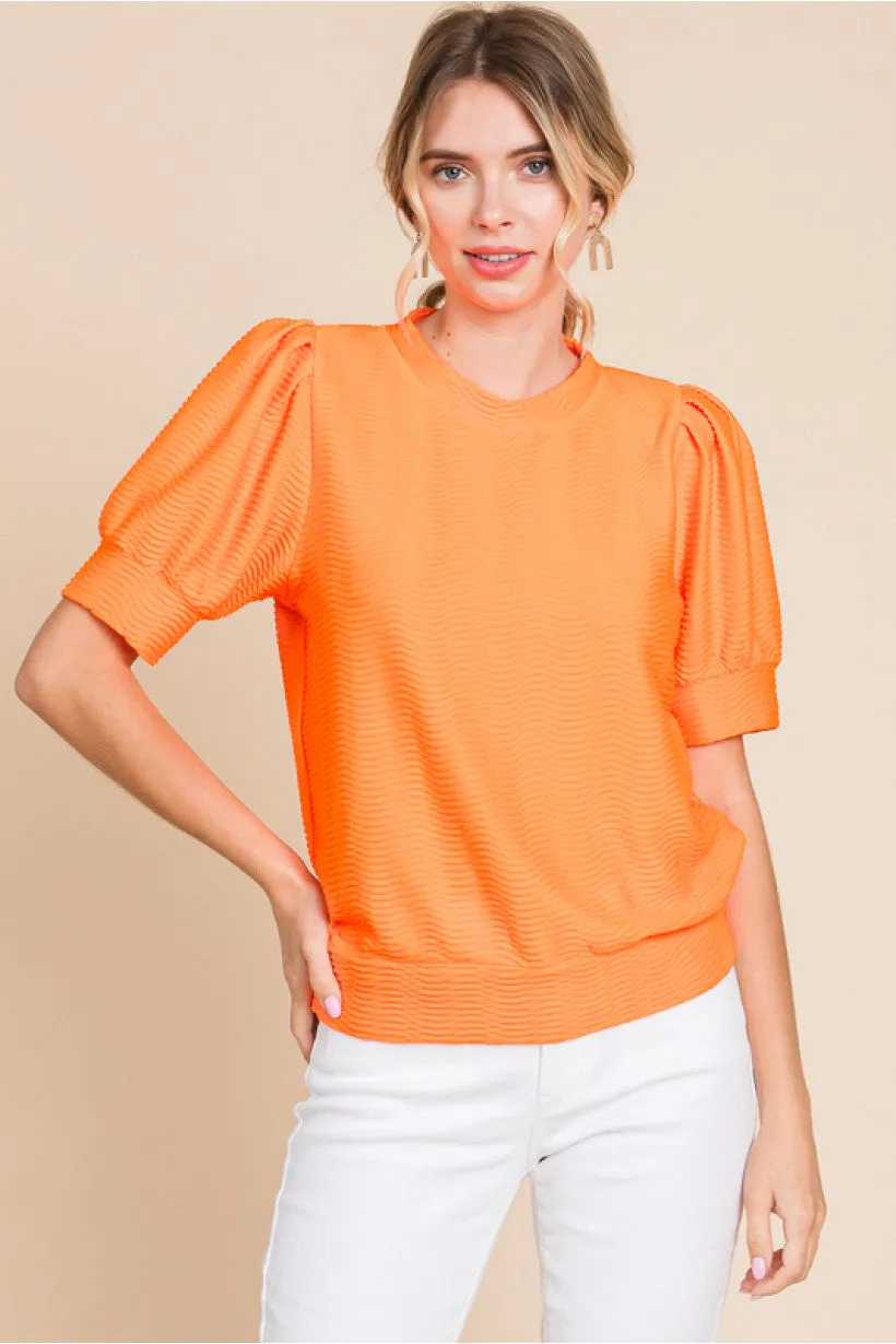 Textured Top W/U-Neck Short Puffed Sleeves Band Hems