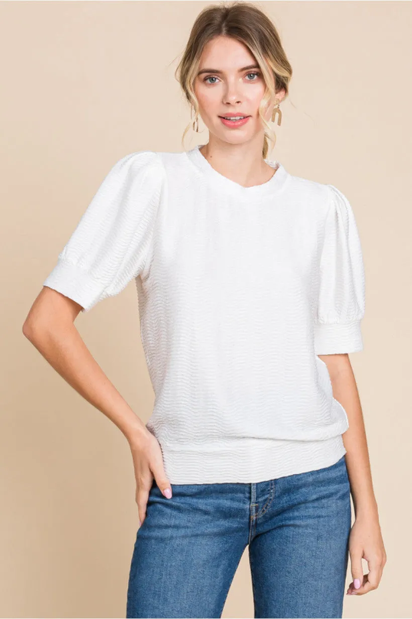 Textured Top W/U-Neck Short Puffed Sleeves Band Hems