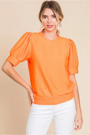 Textured Top W/U-Neck Short Puffed Sleeves Band Hems