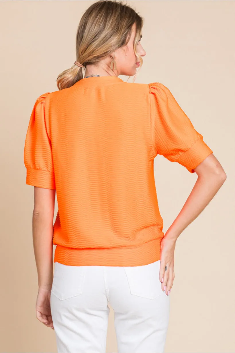 Textured Top W/U-Neck Short Puffed Sleeves Band Hems