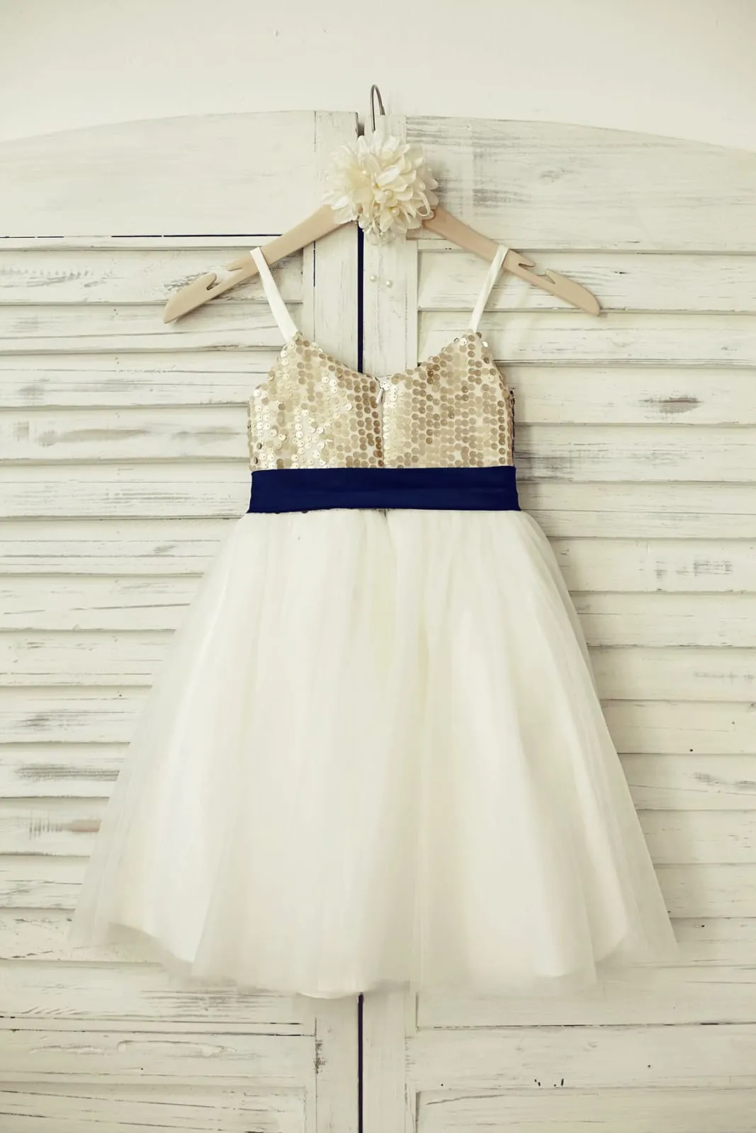 Thin Straps Champagne Sequin Tulle Flower Girl Dress, Navy Blue Belt
