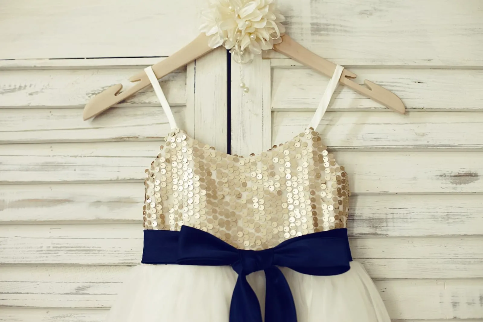Thin Straps Champagne Sequin Tulle Flower Girl Dress, Navy Blue Belt