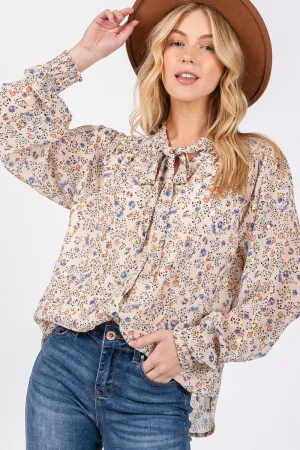 Tie Neck Long Sleeve Floral Sage   Fig Blouse: Off White