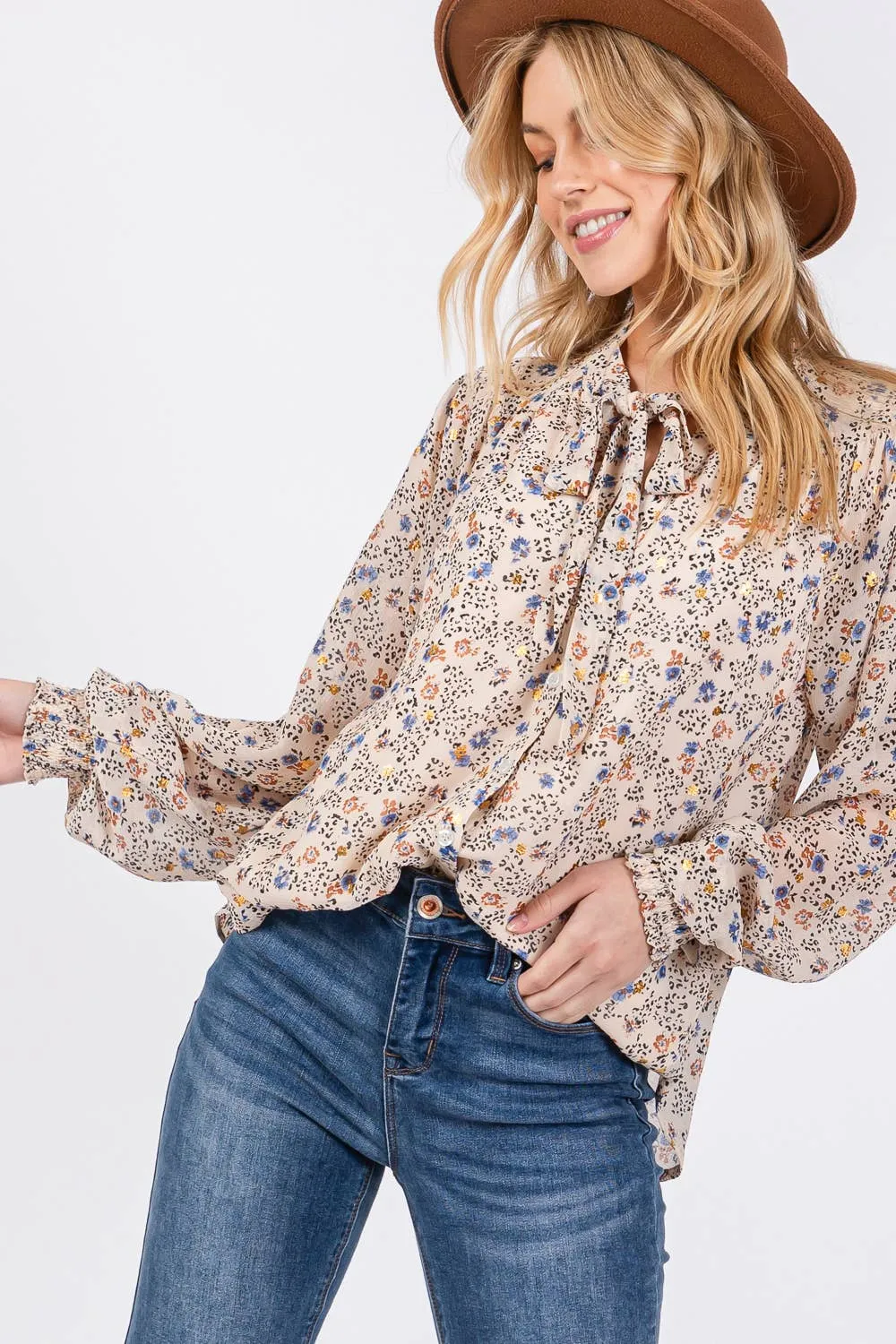 Tie Neck Long Sleeve Floral Sage   Fig Blouse: Off White