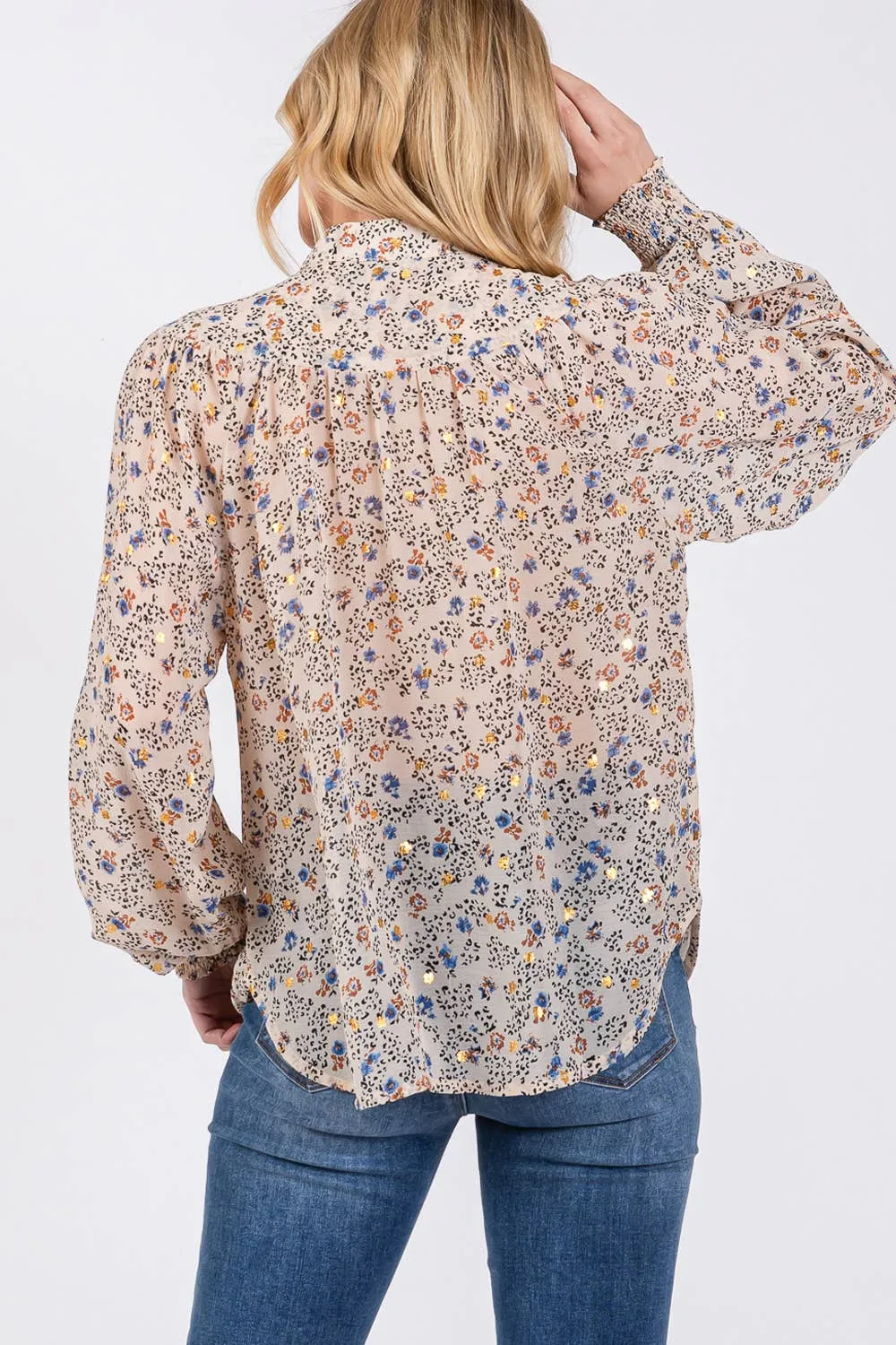 Tie Neck Long Sleeve Floral Sage   Fig Blouse: Off White