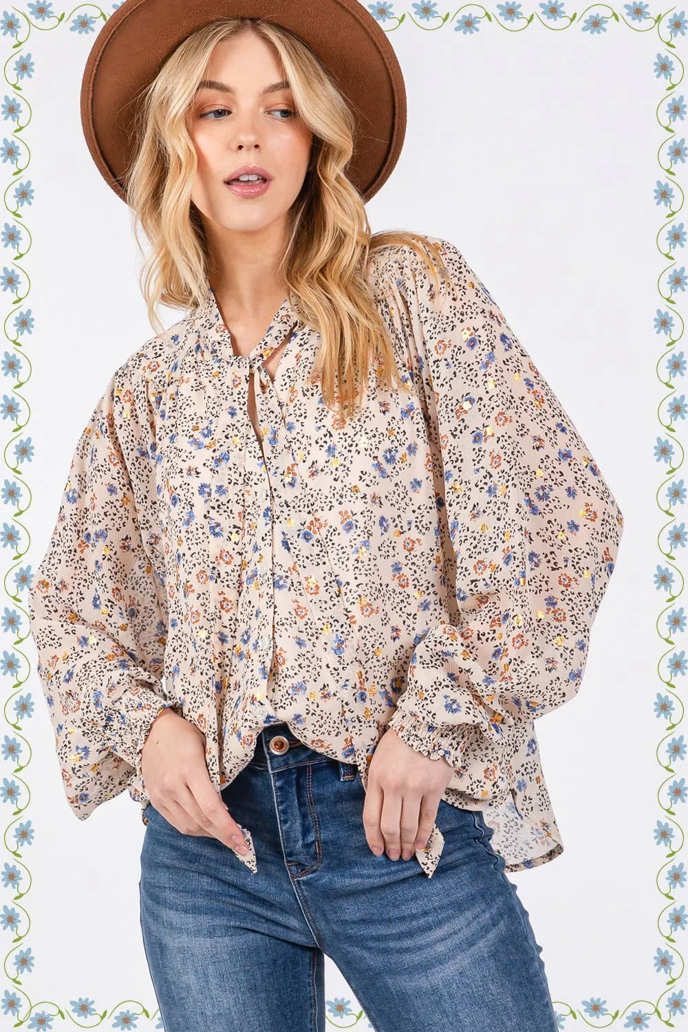Tie Neck Long Sleeve Floral Sage   Fig Blouse: Off White