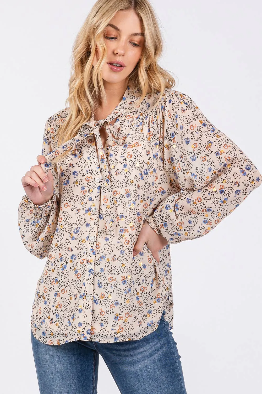 Tie Neck Long Sleeve Floral Sage   Fig Blouse: Off White