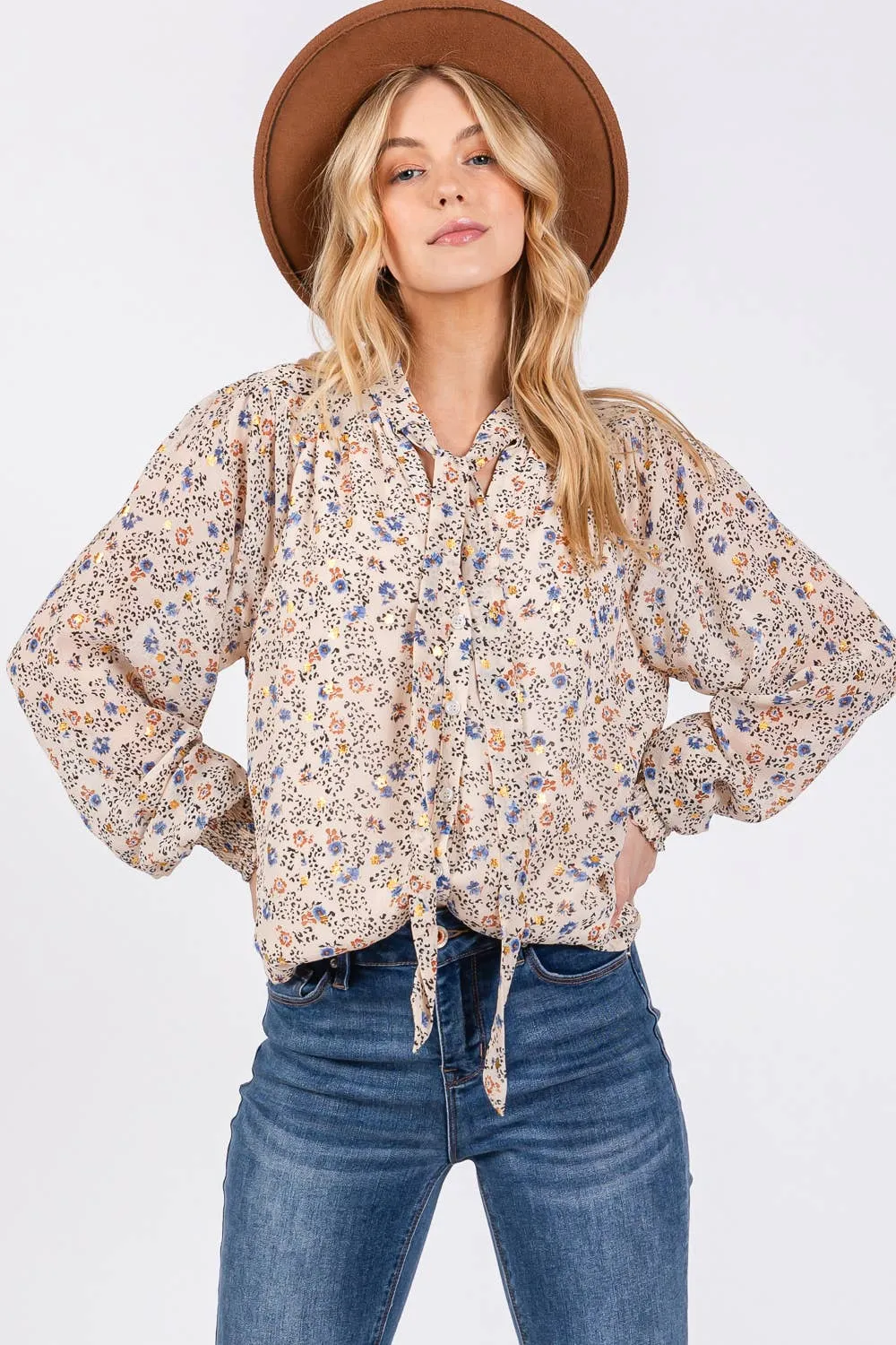 Tie Neck Long Sleeve Floral Sage   Fig Blouse: Off White