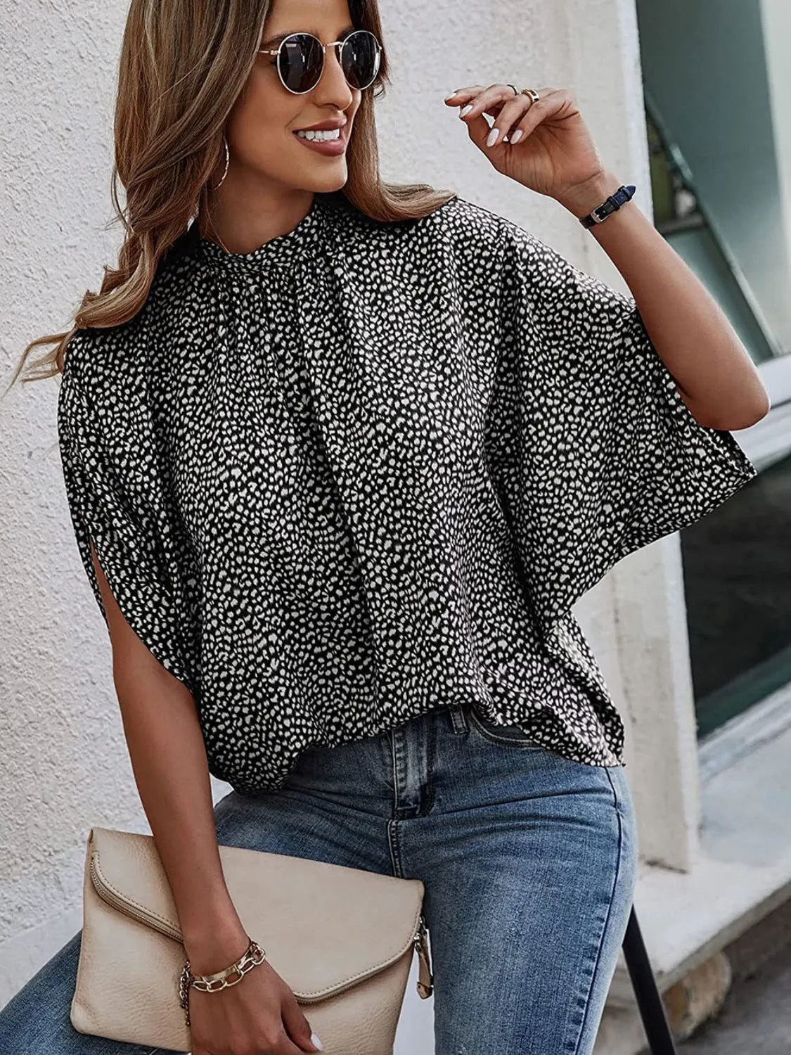 Tied Printed Mock Neck Half Sleeve Blouse (2 Colors)