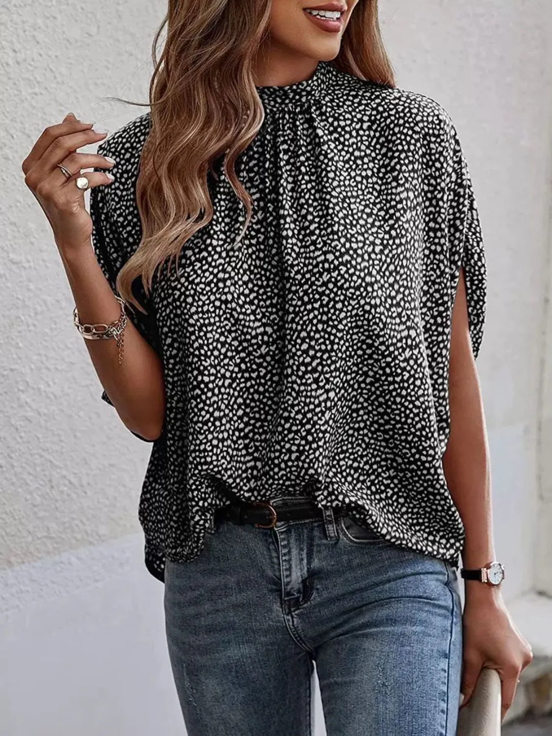 Tied Printed Mock Neck Half Sleeve Blouse (2 Colors)