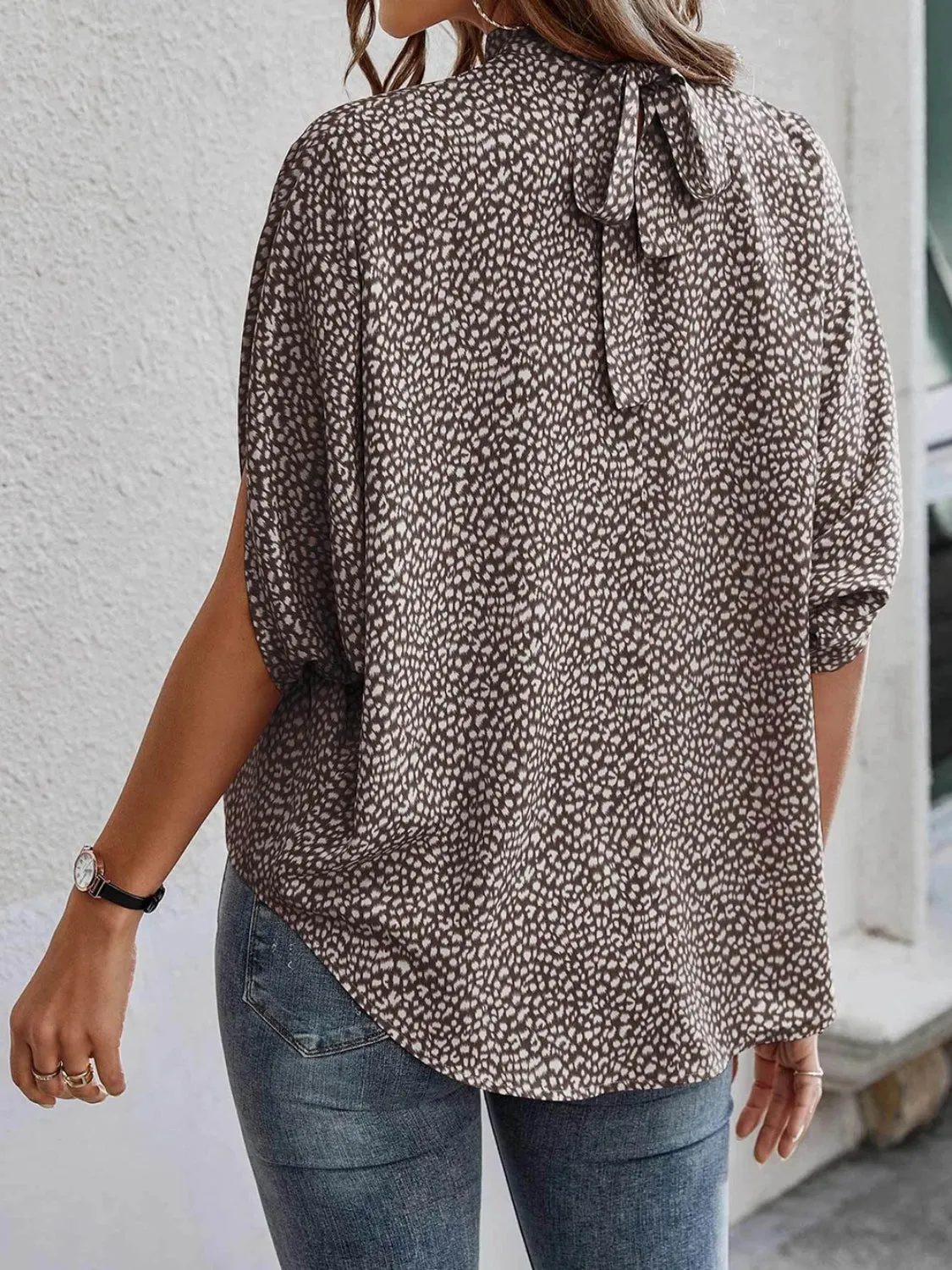 Tied Printed Mock Neck Half Sleeve Blouse (2 Colors)