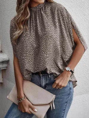Tied Printed Mock Neck Half Sleeve Blouse (2 Colors)