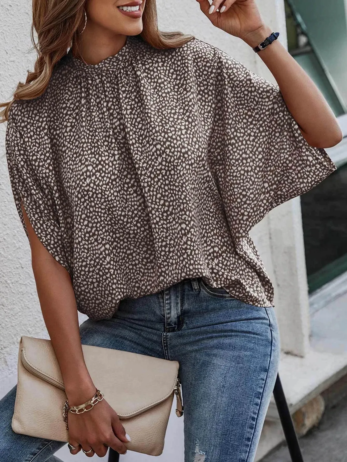 Tied Printed Mock Neck Half Sleeve Blouse (2 Colors)