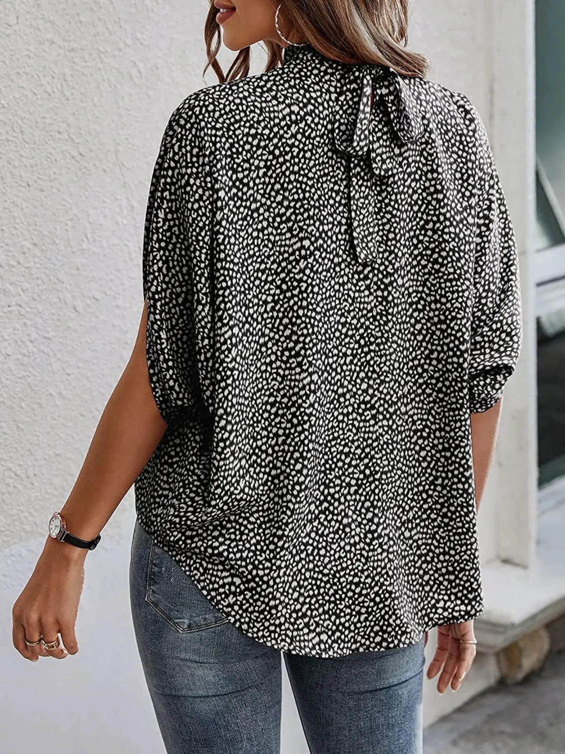 Tied Printed Mock Neck Half Sleeve Blouse (2 Colors)