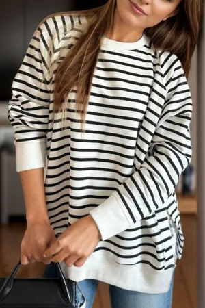Tiyah Slit Striped Round Neck Long Sleeve Sweatshirt