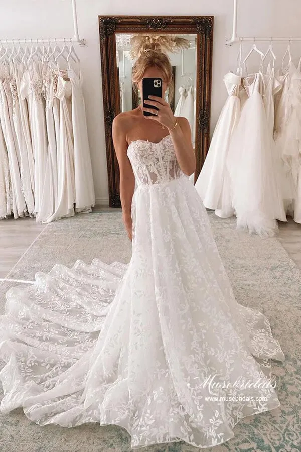 Tulle A-line Sweetheart Lace Wedding Dresses With Detachable Sleeves, MW875