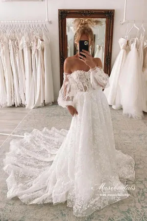 Tulle A-line Sweetheart Lace Wedding Dresses With Detachable Sleeves, MW875