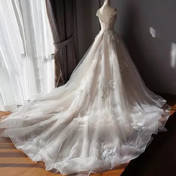 Tulle Ball Gown Off-the-Shoulder Beaded Lace Appliques Wedding Dresses, MW799