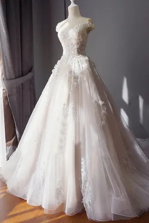 Tulle Ball Gown Off-the-Shoulder Beaded Lace Appliques Wedding Dresses, MW799