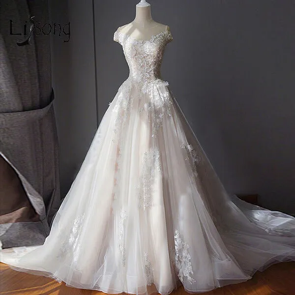Tulle Ball Gown Off-the-Shoulder Beaded Lace Appliques Wedding Dresses, MW799