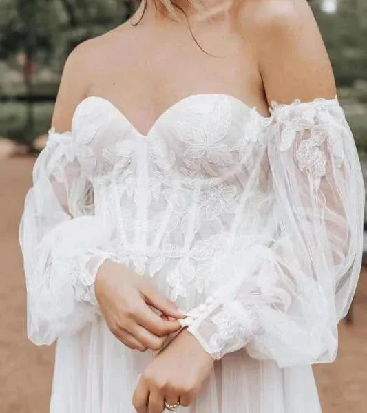 Tulle Lace Appliques Detachable Sleeves Wedding Removable Puff Sleeves For Dresses Bridal
