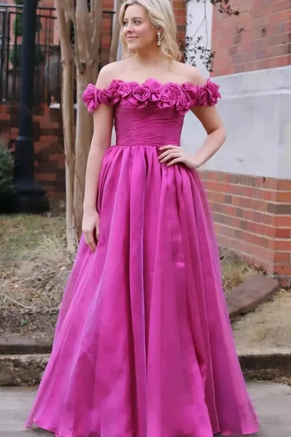 Tulle Magenta A-line Off-the-Shoulder Prom Dresses With 3D Flowers, MP962
