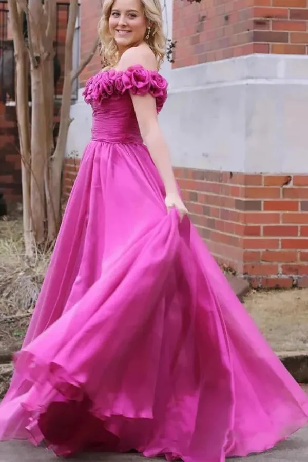 Tulle Magenta A-line Off-the-Shoulder Prom Dresses With 3D Flowers, MP962