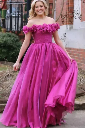 Tulle Magenta A-line Off-the-Shoulder Prom Dresses With 3D Flowers, MP962