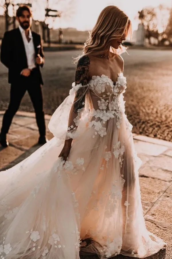 Tulle Off Shoulder Long Sleeves Wedding Dresses With Lace Appliques, MW1088