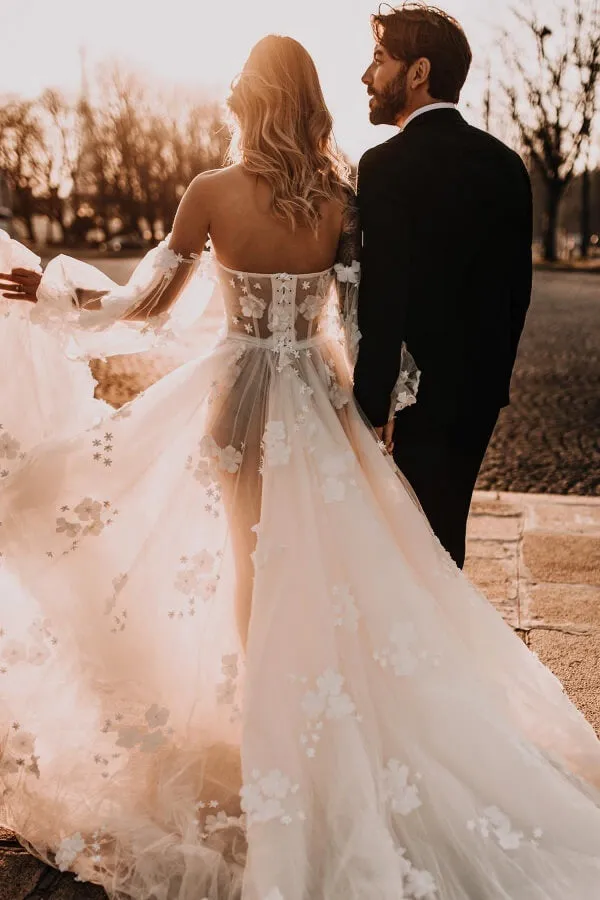 Tulle Off Shoulder Long Sleeves Wedding Dresses With Lace Appliques, MW1088